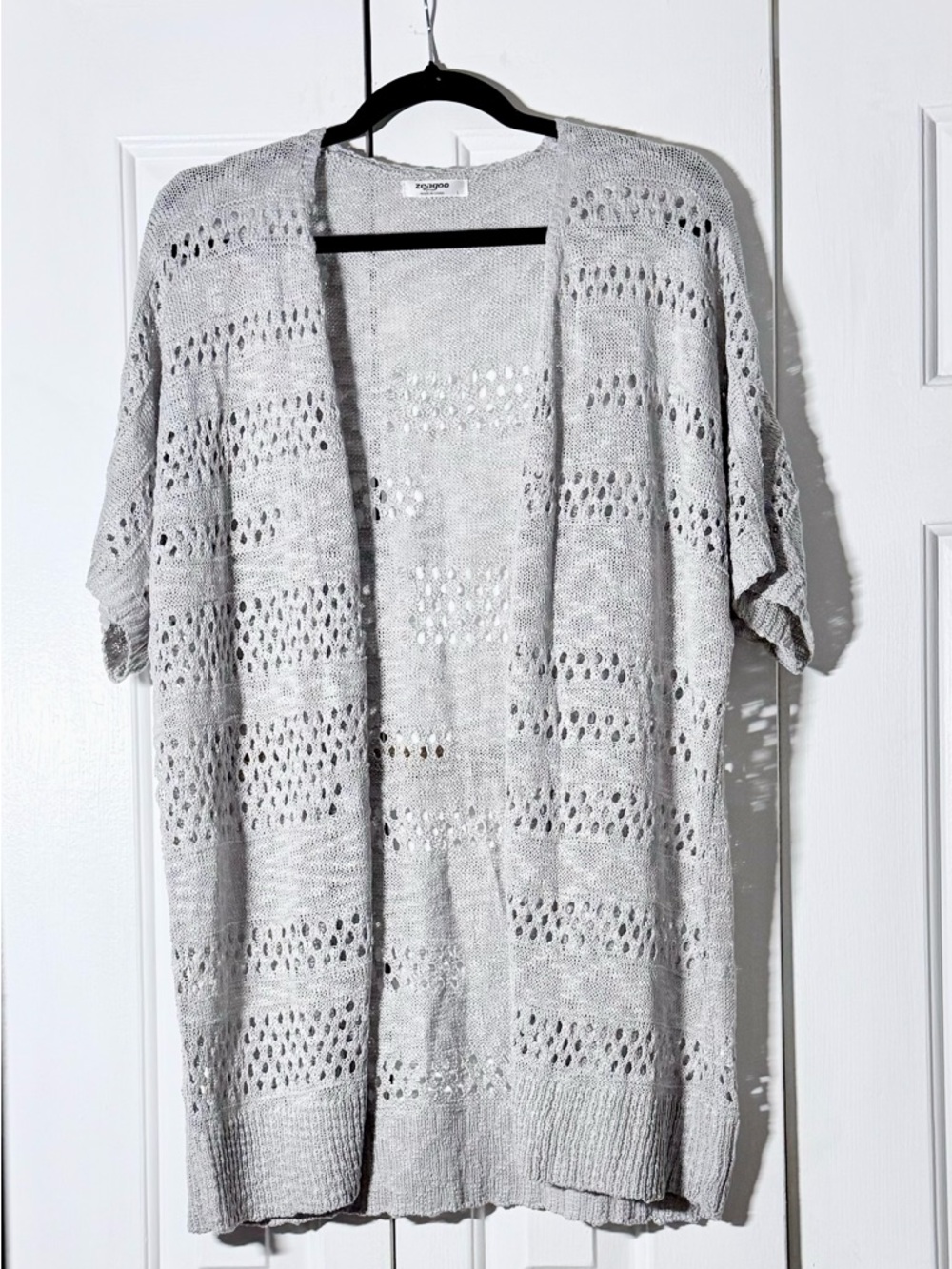 Lightweight Crochet Cardigan Gray Open Front Short Sleeve Size L